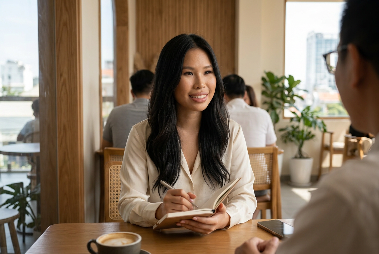 Cassie coaching a client over coffee in Da Nang